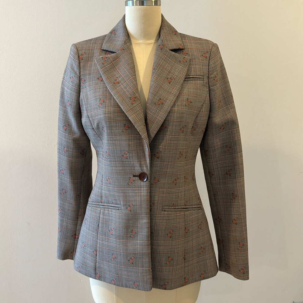 Altuzarra Gray Plaid Blazer with Red Accents